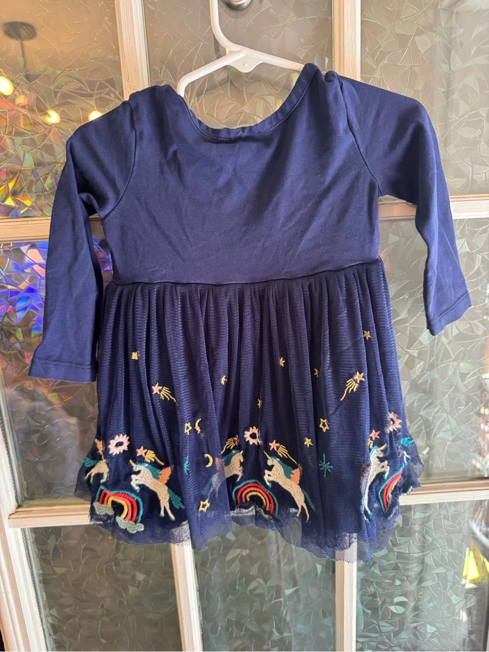 Hanna Andersson Navy Blue Unicorn Embroidered Long-Sleeve Dress